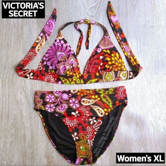 Victorias Secret Sexy Retro Two Piece Halter Top Floral Paisley Bikini Womens XL - Picture 1 of 12